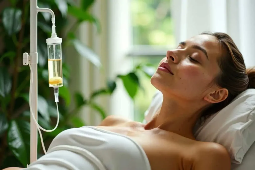 A woman is receiving IV Therapy in Cleveland, OH at Euro Look Medical Spa