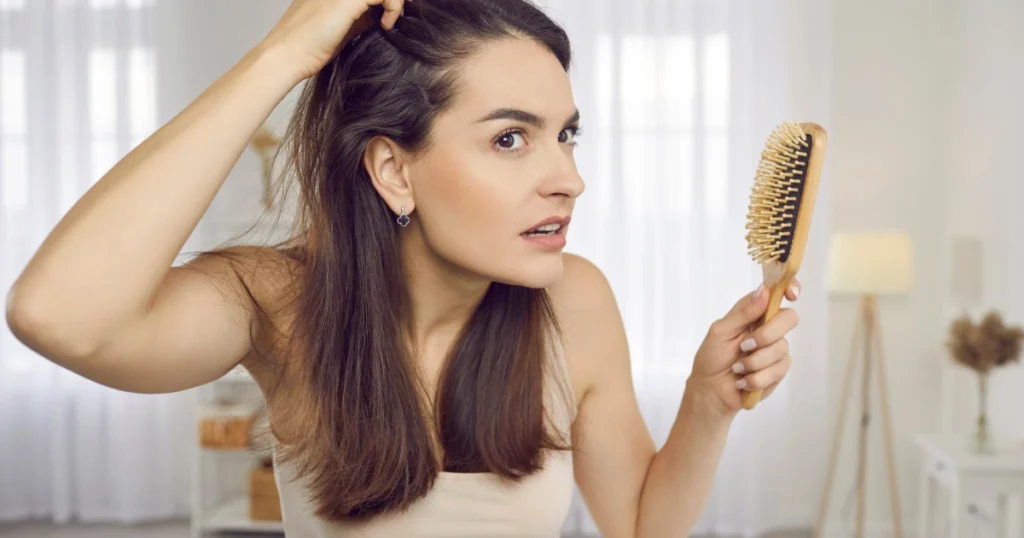 A woman with long brown hair in Cleveland, OH looks concerned as she holds a wooden hairbrush and touches her scalp, considering Nutrafol for hair support.