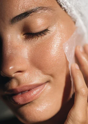 Woman with glowing skin and face mask applying moisturizer for skincare routine - In Cleveland, OH