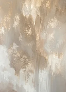 Abstract painting with soft beige, white, and gold brushstrokes creating an ethereal cloudy texture on canvas