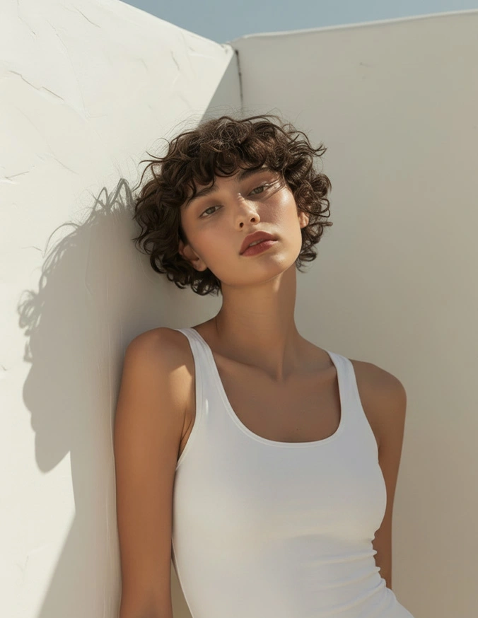 Woman with curly short hair wearing white tank top against minimalist white wall with natural lighting and shadows - Unwanted hair In Cleveland, OH