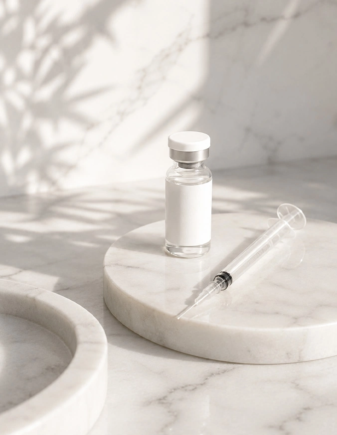 White cosmetic serum bottle with dropper on marble tray with natural plant shadow lighting - Vitamin injections In Cleveland, OH