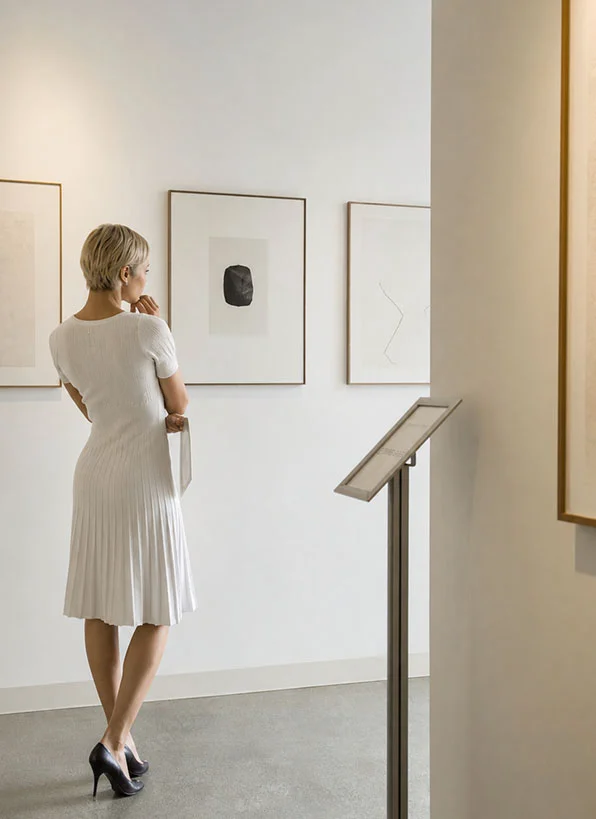 Woman in white dress viewing minimalist artwork in modern medical office gallery - In Cleveland, OH